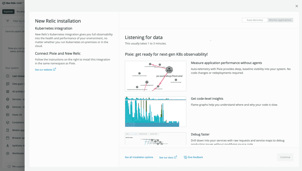 New Relic page showing listening for data