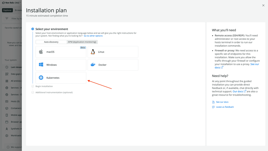 Arrow pointing to the Kubernetes button